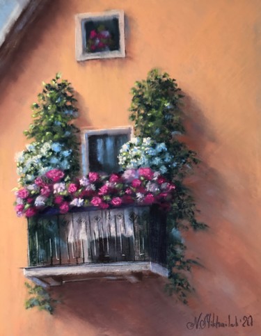 Painting titled "Cosy Balcony" by Nataly Mikhailiuk, Original Artwork, Pastel