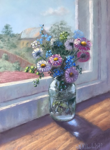 Pittura intitolato "First Flowers from…" da Nataly Mikhailiuk, Opera d'arte originale, Pastello