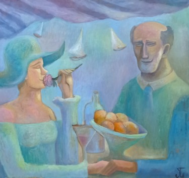 Картина под названием "В кафе у моря" - Natalie Paukova, Подлинное произведение искусства, Масло