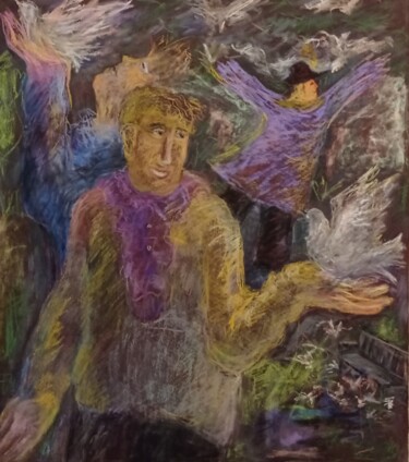 Malerei mit dem Titel "Люди и голуби" von Natalie Paukova, Original-Kunstwerk, Pastell