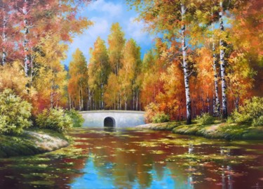 Картина под названием "Autumn bridge" - Nataly Tokar, Подлинное произведение искусства, Масло