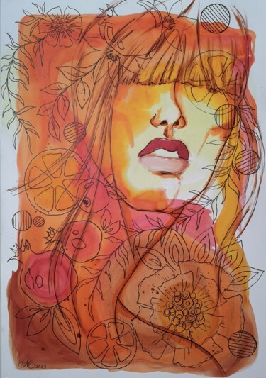 Pintura intitulada "Autumn - woman, fac…" por Natalya Cernov, Obras de arte originais, Acrílico
