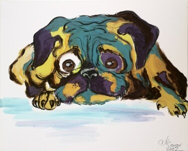 Painting titled "pug - animal, color…" by Natalya Cernov, Original Artwork, Acrylic