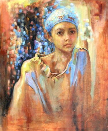 Painting titled "The boy" by Natalya Chepulskaya, Original Artwork, Oil Mounted on Wood Stretcher frame