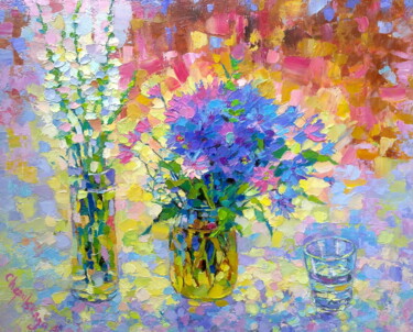 Painting titled "Cornflowers" by Natalya Chepulskaya, Original Artwork, Oil Mounted on Cardboard