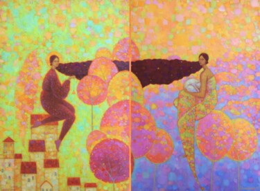 Painting titled "The Bell ( diptych)" by Natalya Chepulskaya, Original Artwork, Oil Mounted on Wood Stretcher frame