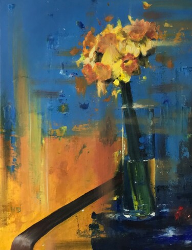 Painting titled "Daffodils" by Natalya Dubrovskaya, Original Artwork, Oil Mounted on Cardboard