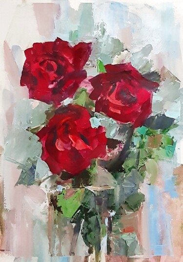 Painting titled "Темно-красные розы" by Natalya Makoed, Original Artwork, Acrylic