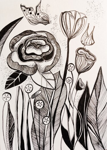 Painting titled "Black and white flo…" by Natalya Mitrofanova, Original Artwork, Gel pen