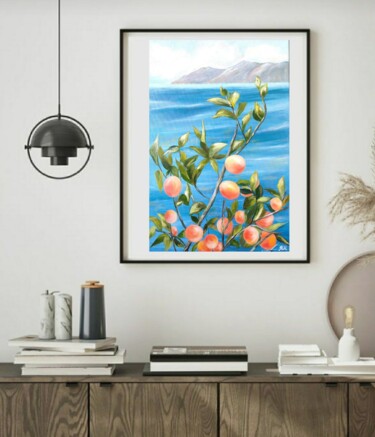Peinture intitulée "#Peach tree, blue s…" par Natalya Mitrofanova, Œuvre d'art originale, Huile
