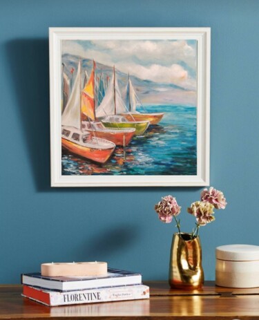 Ζωγραφική με τίτλο "#Yachts, sea, mount…" από Natalya Mitrofanova, Αυθεντικά έργα τέχνης, Λάδι Τοποθετήθηκε στο Ξύλινο πάνελ