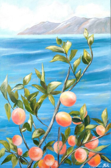 Painting titled "1Peach tree, blue s…" by Natalya Mitrofanova, Original Artwork, Oil Mounted on Wood Stretcher frame