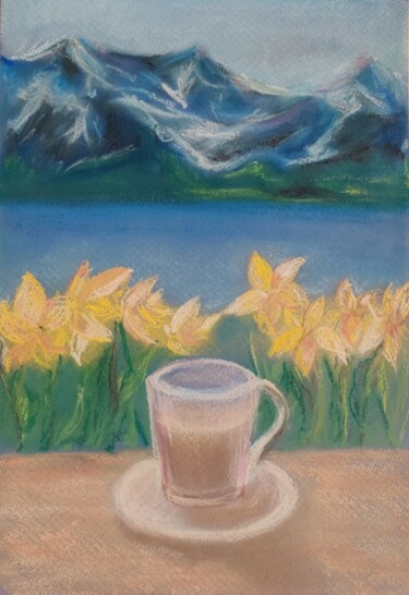 SOMEWHERE.. (MOUNTAIN WITH SNOW, YELLOW FLOWERS, LAKE, CUP)# Peinture intitulée "SOMEWHERE.. (MOUNTA…" par Natalya Mitrofanova, Œuvre d'art originale, Huile
