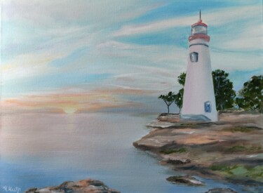 Painting titled "The Lighthouse (sun…" by Natalya Mitrofanova, Original Artwork, Oil Mounted on Wood Stretcher frame