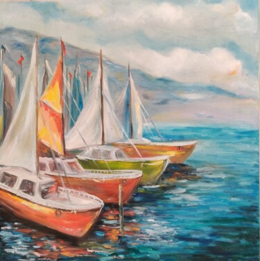 Schilderij getiteld "YACHTS, SEA, MOUNTA…" door Natalya Mitrofanova, Origineel Kunstwerk, Olie