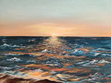 Painting titled "Antlantic sunset" by Natalya Mitrofanova, Original Artwork, Oil Mounted on Wood Stretcher frame
