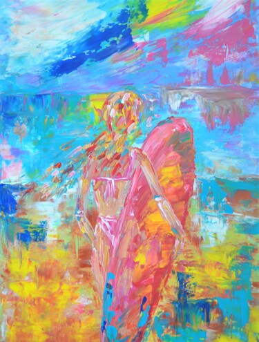 Peinture intitulée ""Femme surfeuse "" par Natalya Mougenot, Œuvre d'art originale, Acrylique