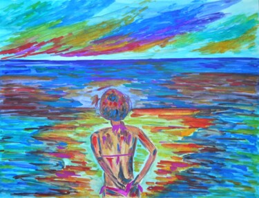 Peinture intitulée "" Femme sur la plag…" par Natalya Mougenot, Œuvre d'art originale, Aquarelle