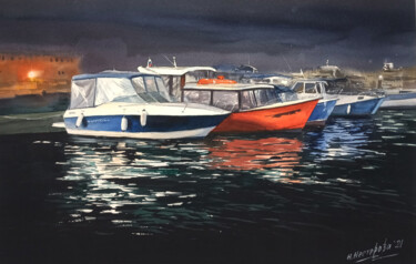 Pintura intitulada "Night boats. Balakl…" por Natalia Nesterova, Obras de arte originais, Aquarela