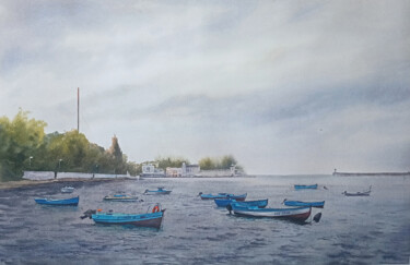 Malerei mit dem Titel "Спящие лодки" von Natalia Nesterova, Original-Kunstwerk, Aquarell
