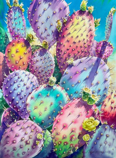 Pintura intitulada "Blooming cactus" por Natalya Paydugina, Obras de arte originais, Aquarela