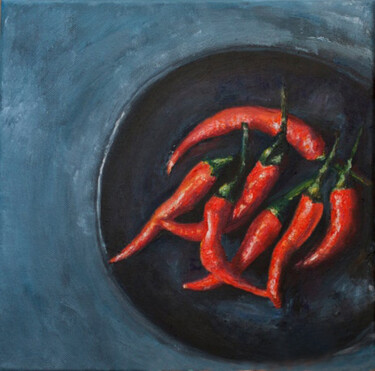 Painting titled "Hot Peppers" by Natalya Shulga, Original Artwork, Oil Mounted on Wood Stretcher frame