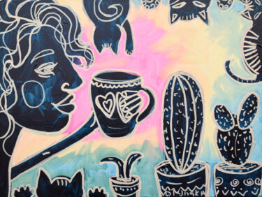Painting titled "Girl Morning Cafe O…" by Natalya Volynska, Original Artwork, Acrylic
