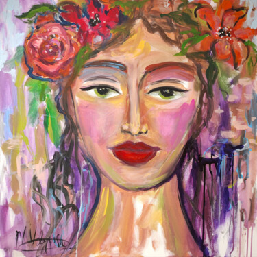 Peinture intitulée "Woman Flowers Origi…" par Natalya Volynska, Œuvre d'art originale, Acrylique