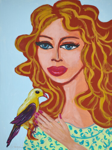 Painting titled "Girl with Bird Woma…" by Natalya Volynska, Original Artwork, Acrylic