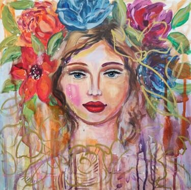 Painting titled "Woman with Flowers…" by Natalya Volynska, Original Artwork, Acrylic