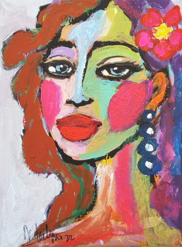 Malerei mit dem Titel "Woman Face Colorful…" von Natalya Volynska, Original-Kunstwerk, Acryl