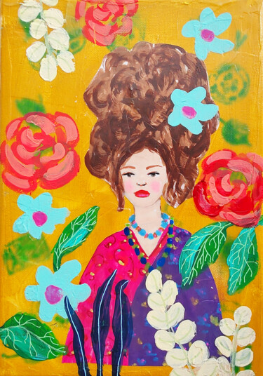 Картина под названием "Girl Flowers Vintag…" - Natalya Volynska, Подлинное произведение искусства, Акрил