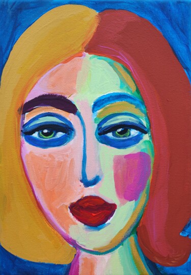 Painting titled "Moon Face Woman Por…" by Natalya Volynska, Original Artwork, Acrylic