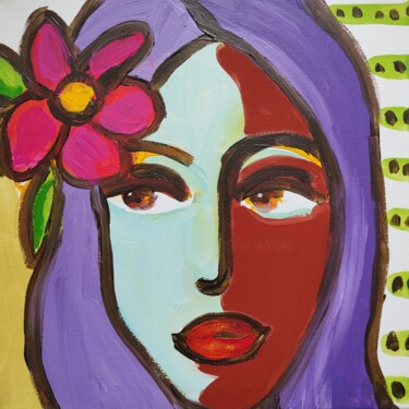 Painting titled "Woman with Flower C…" by Natalya Volynska, Original Artwork, Acrylic