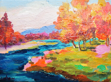 Malerei mit dem Titel "Tree Autumn Landsca…" von Natalya Volynska, Original-Kunstwerk, Acryl