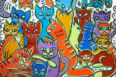 Peinture intitulée "Funny Cats Family o…" par Natalya Volynska, Œuvre d'art originale, Acrylique