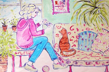 Картина под названием "Girl with Cat Origi…" - Natalya Volynska, Подлинное произведение искусства, Акрил