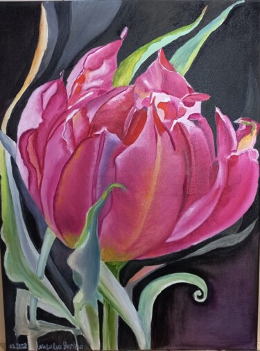 Painting titled "pink tulip" by Natalya Yurina, Original Artwork, Oil