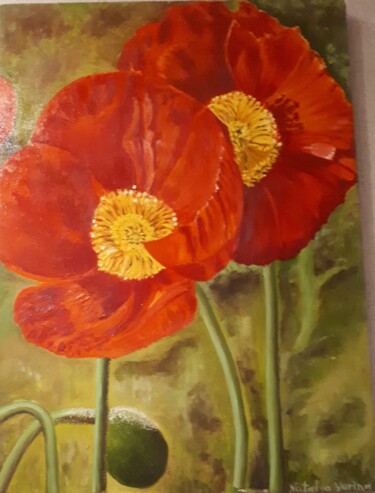 Painting titled "Red flowers" by Natalya Yurina, Original Artwork, Oil