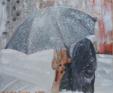 Painting titled "the first snow" by Natalya Yurina, Original Artwork, Oil
