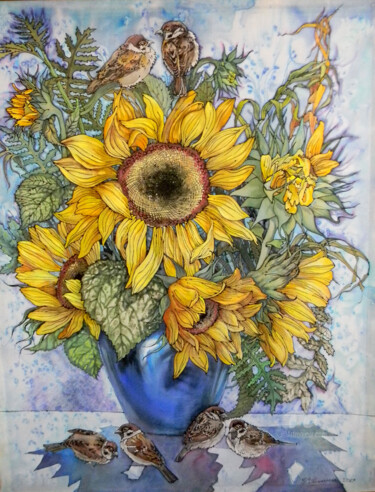 Текстильное искусство под названием "Подсолнухи.Sunflowe…" - Наталья Дерманская, Подлинное произведение искусства, Акрил Уст…