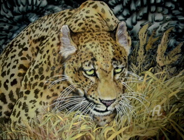 Картина под названием "Jaguar" - Наталья Дерманская, Подлинное произведение искусства, Ткань Установлен на Деревянная рама д…