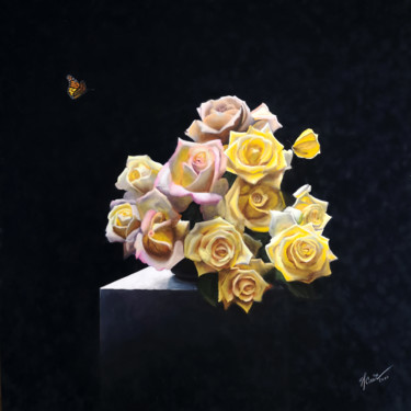 Painting titled "Yellow roses" by Natalya Zhadenova, Original Artwork, Pastel