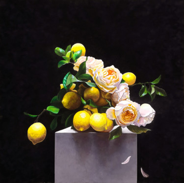 Painting titled "Lemons and tea rose…" by Natalya Zhadenova, Original Artwork, Pastel