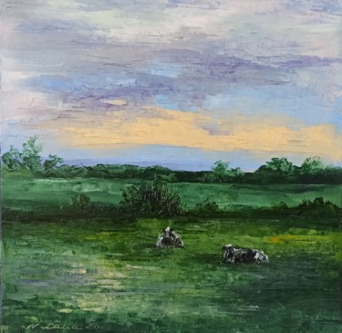 Schilderij getiteld "Country evening" door Natalia Cherepovich, Origineel Kunstwerk, Olie