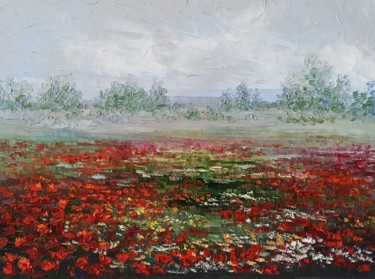 Painting titled "Poppy field" by Natalia Cherepovich, Original Artwork, Oil