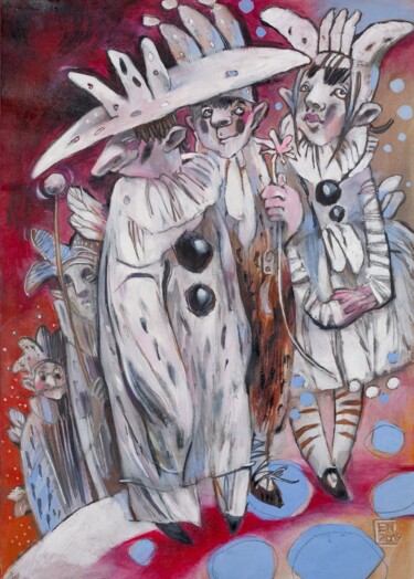 Drawing titled "Clowns parade" by Natasha Ermolaeva, Original Artwork, Watercolor