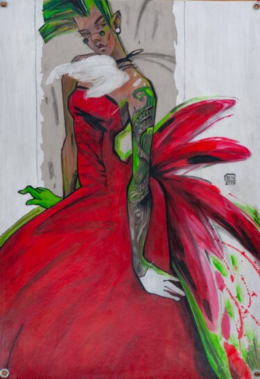 图画 标题为“Red Dragon Dress” 由Natasha Ermolaeva, 原创艺术品, 丙烯 安装在纸板上