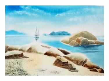 Painting titled "Seascape" by Natasha Jur, Original Artwork, Watercolor