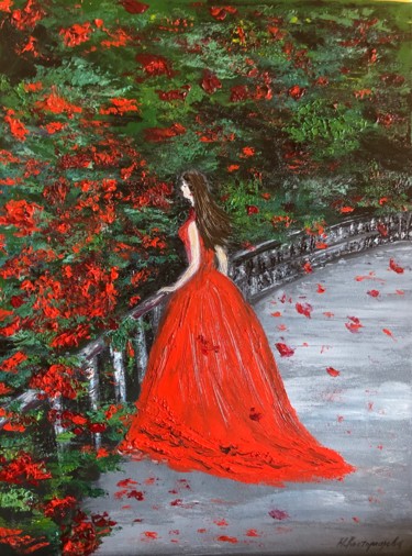 Painting titled "Девушка в красном" by Natalya Kostomarova, Original Artwork, Oil